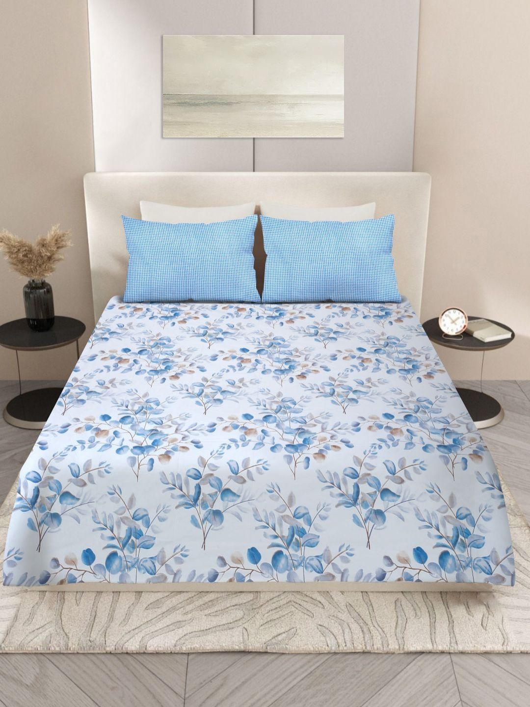 Nivasam Pindrop Blue & Grey Printed 200 TC King Bedsheet Set 2.28m x 2.54m-picture-10