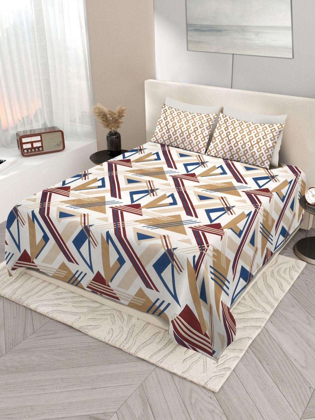 Nivasam Pindrop Off White & Blue Printed 200 TC King Bedsheet Set 2.28m x 2.54m-picture-41