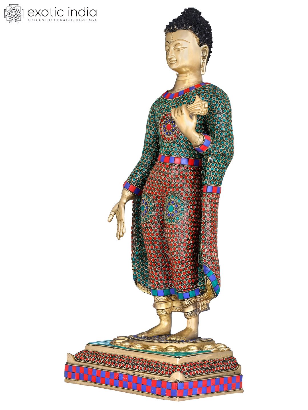 Exotic India Gold-Toned & Green Standing Inlay Buddh Religious Idol Showpiece-picture-29