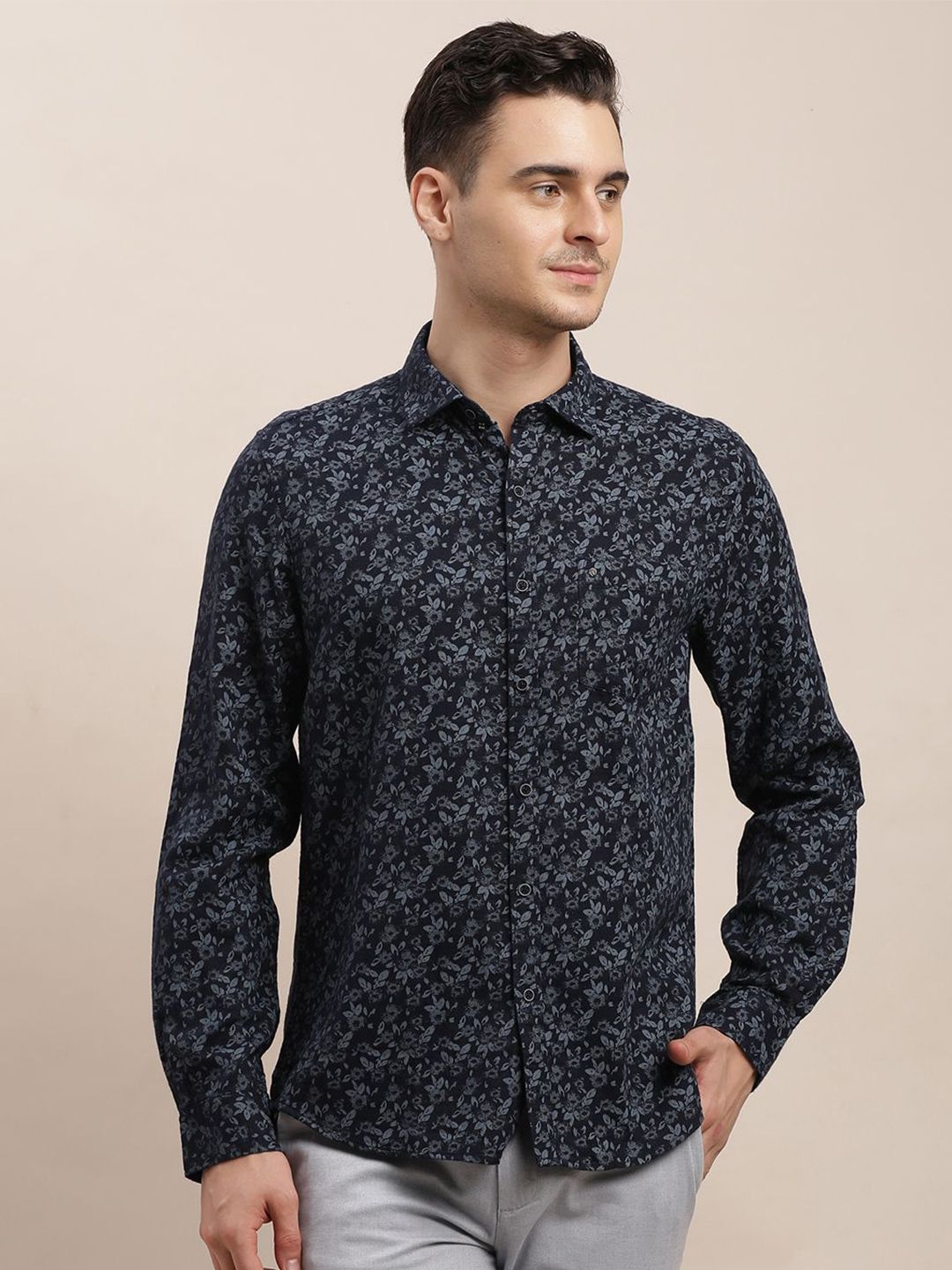 Turtle Men Relaxed Slim Fit Floral Printed Spread Collar Cotton Casual Shirt-picture-30