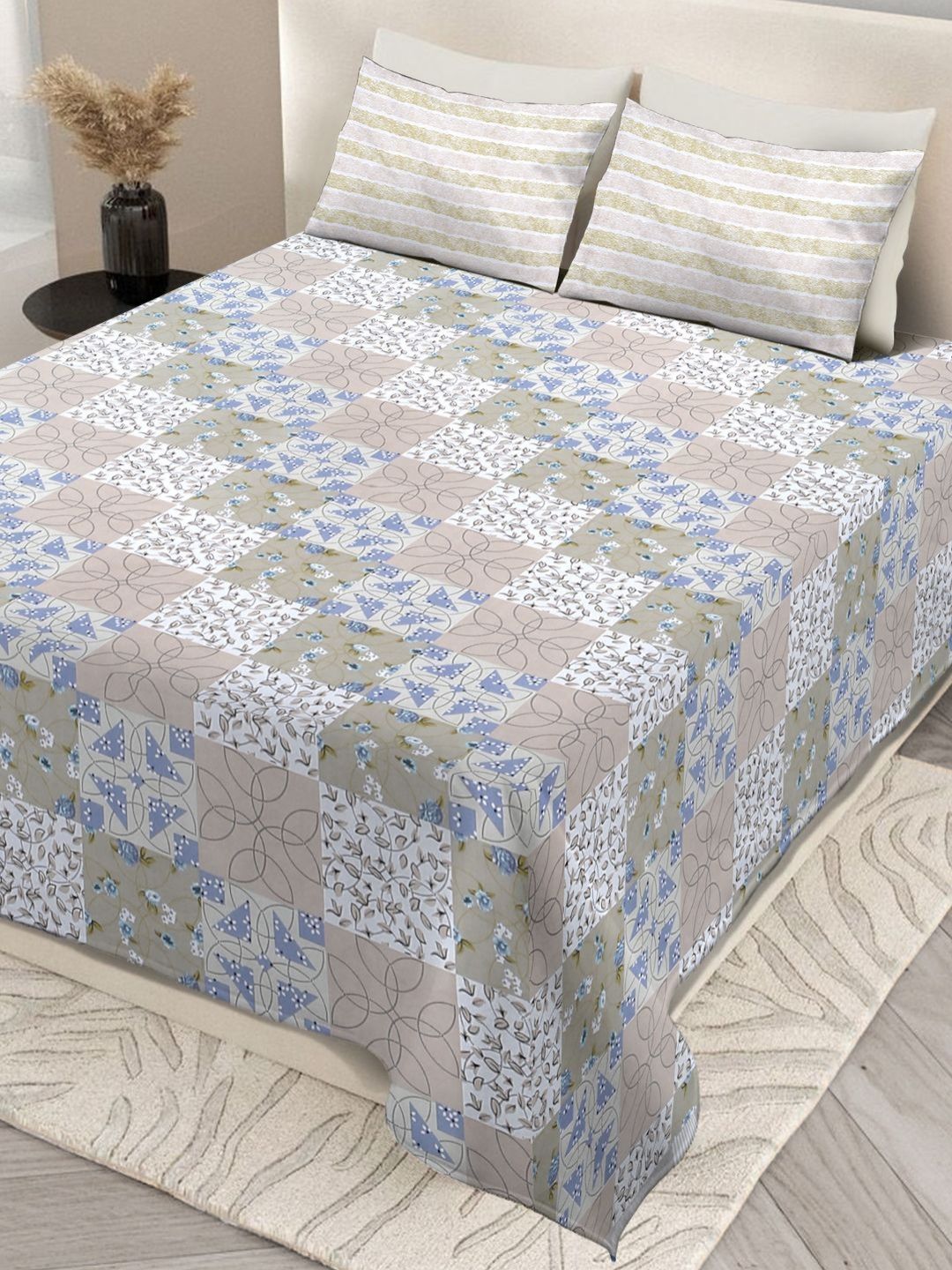 Nivasam Pindrop Beige & Blue Printed 200 TC King Bedsheet Set 2.28m x 2.54m-picture-15