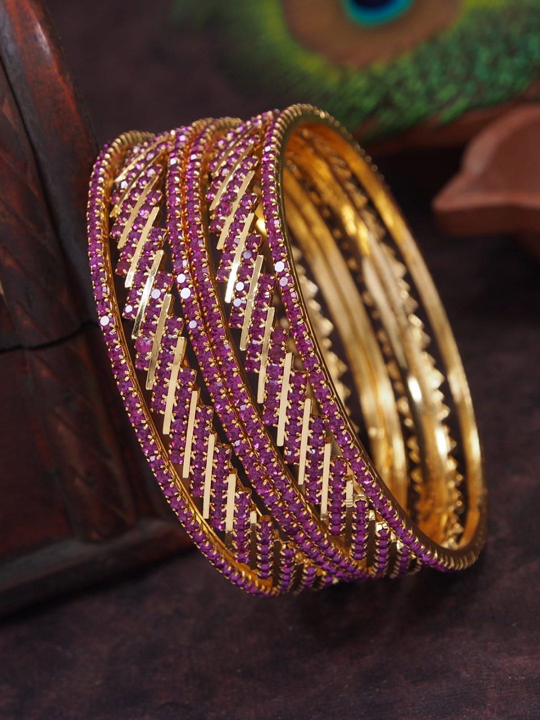 SGA FASHION Set Of 2 Gold-Plated American Diamond Stones Studded Bangles-picture-58