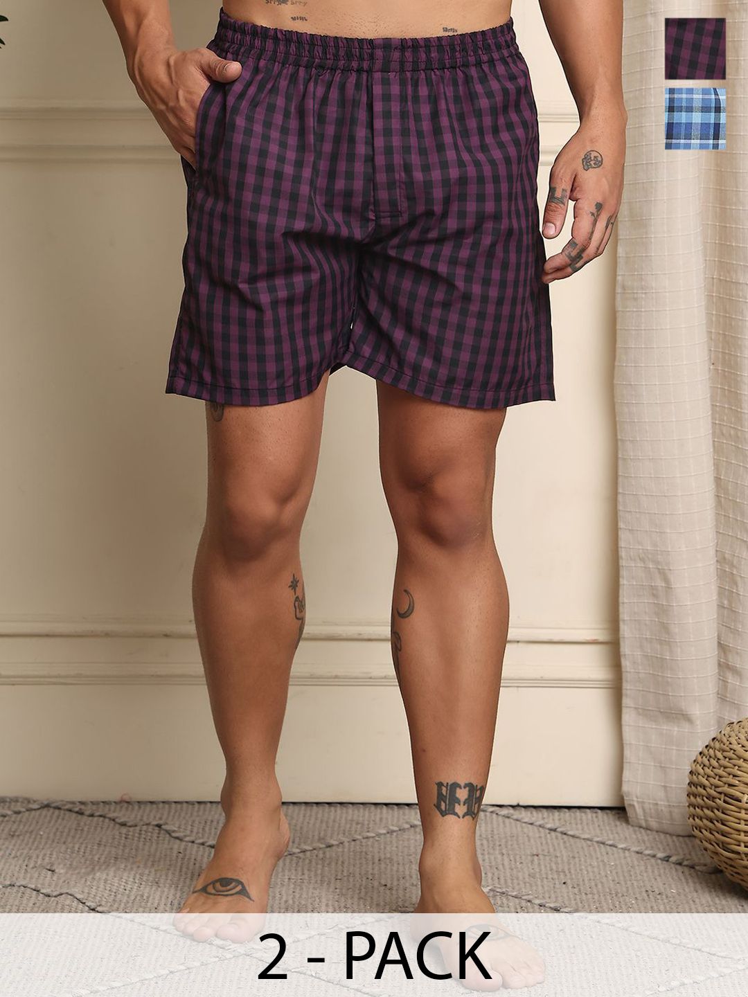 Mast & Harbour Pack Of 2 Checked Super Pure Combed Mercerized Cotton Boxers - BOXCOM88-S-picture-25