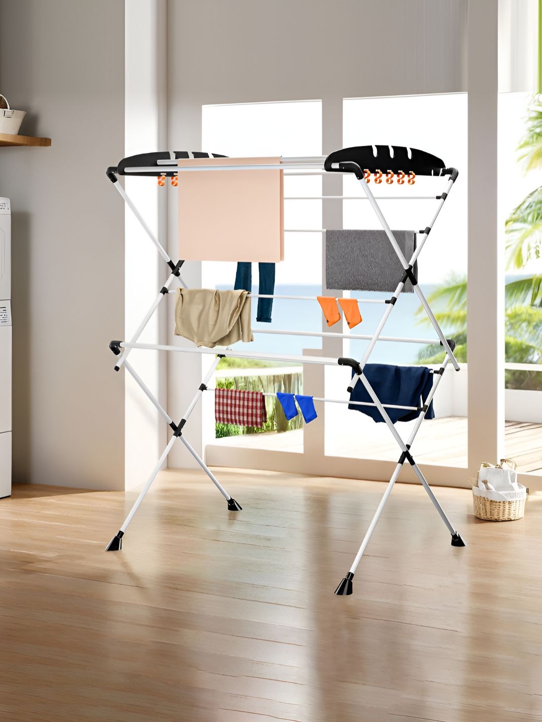 Myntra Elegant Homes Black & White 2 Layer Foldable Cloth Stand-picture-17