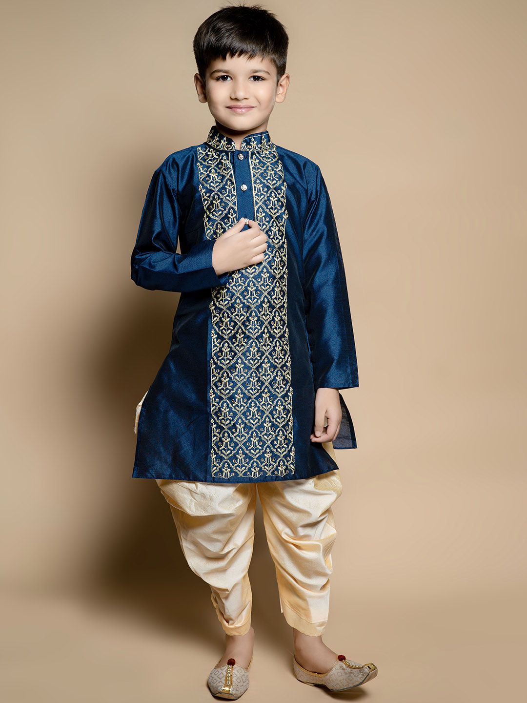 AHLAN APPARELS Boys Ethnic Motifs Embroidered Regular Thread Work Dupion Silk Kurta with Patiala-picture-27