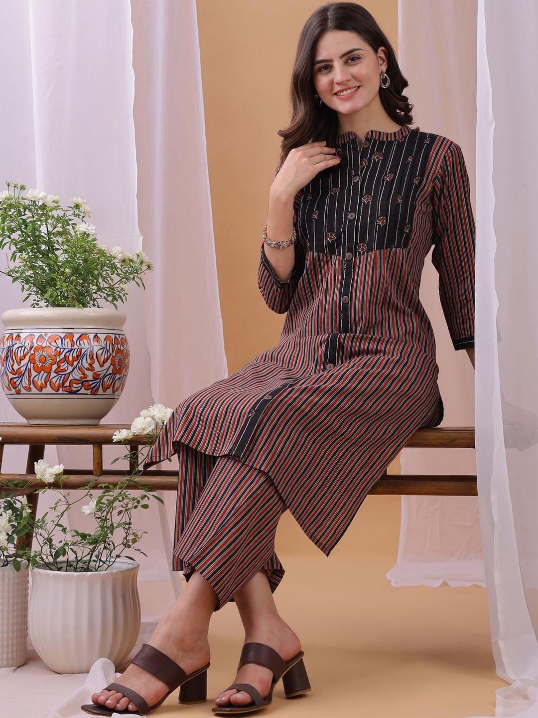KALINI Women Printed Striped Pure Cotton Kurta with Palazzo