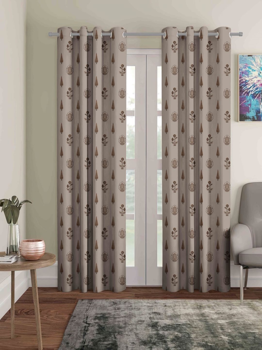 myntra elegant homes Aura Brown & White 2 Pieces Floral Printed Black Out Long Door Curtains-picture-33
