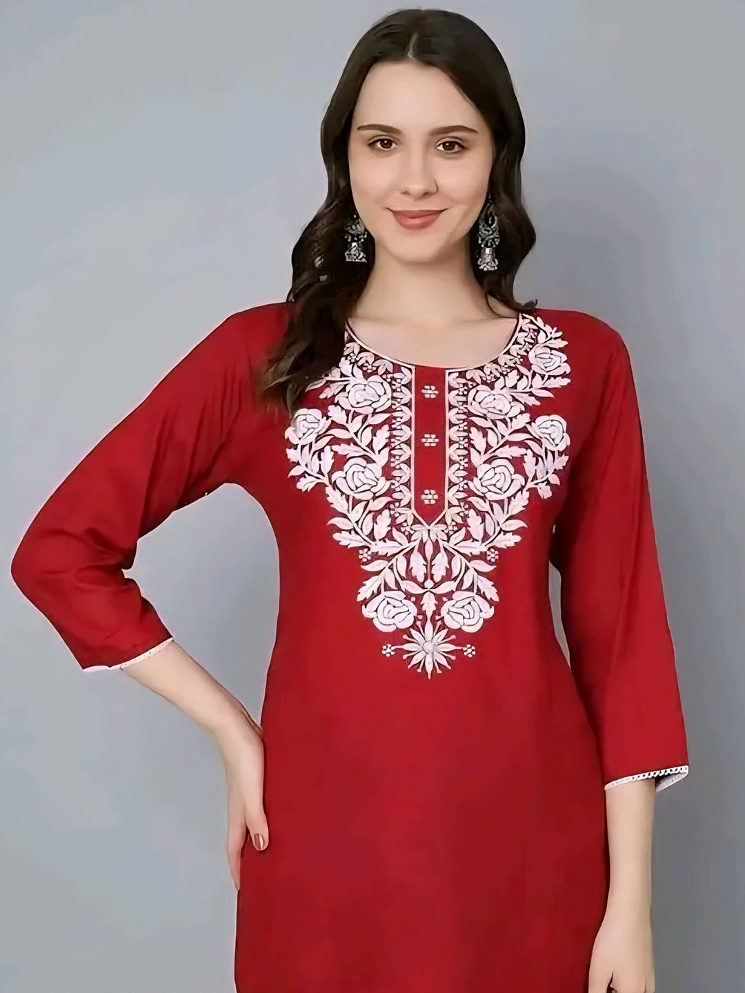 CROWN KING Women Floral Embroidered Round Neck Kurti-picture-22