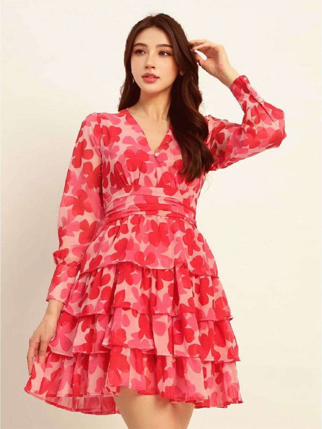Deewa Women Floral Print Puff Sleeve Layered Georgette A-Line Mini Dress-picture-15