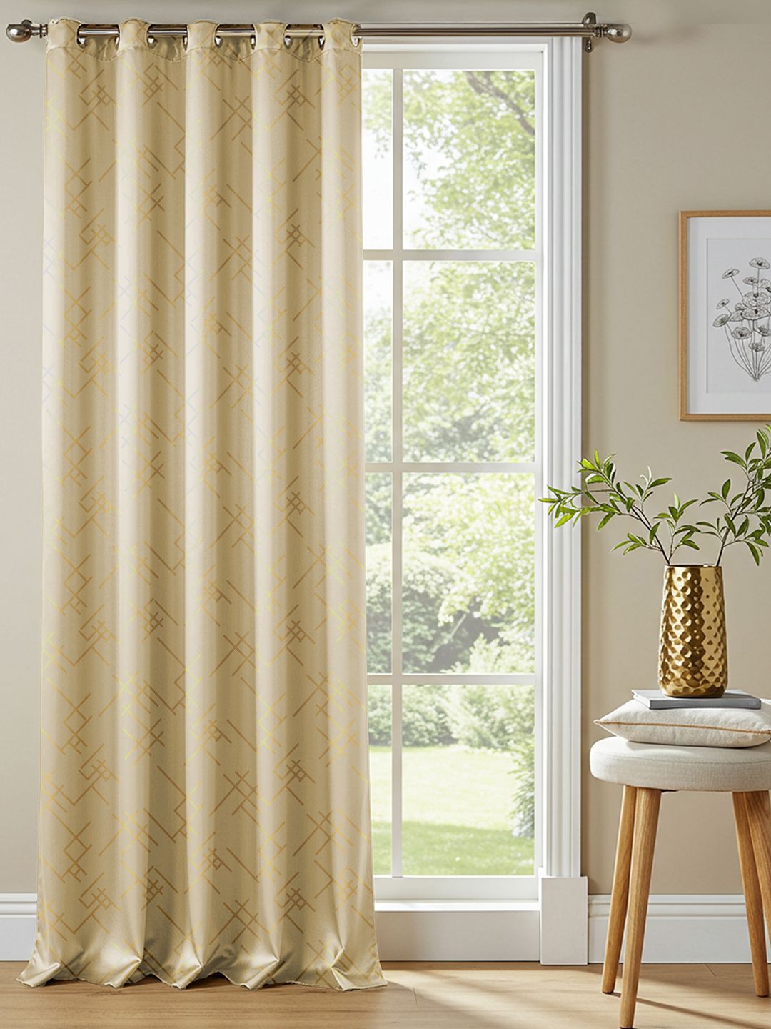 URBAN SPACE Beige Printed Cotton Black Out Door Curtain