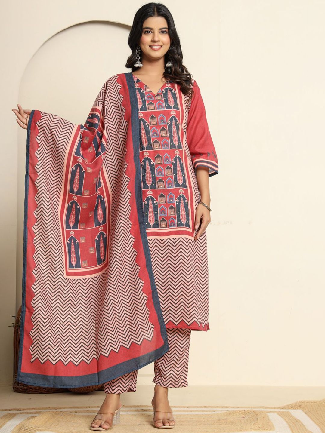 FLAMBOYANT Women Ethnic Motifs Printed Regular Pure Cotton Kurta with Trousers & Dupatta
