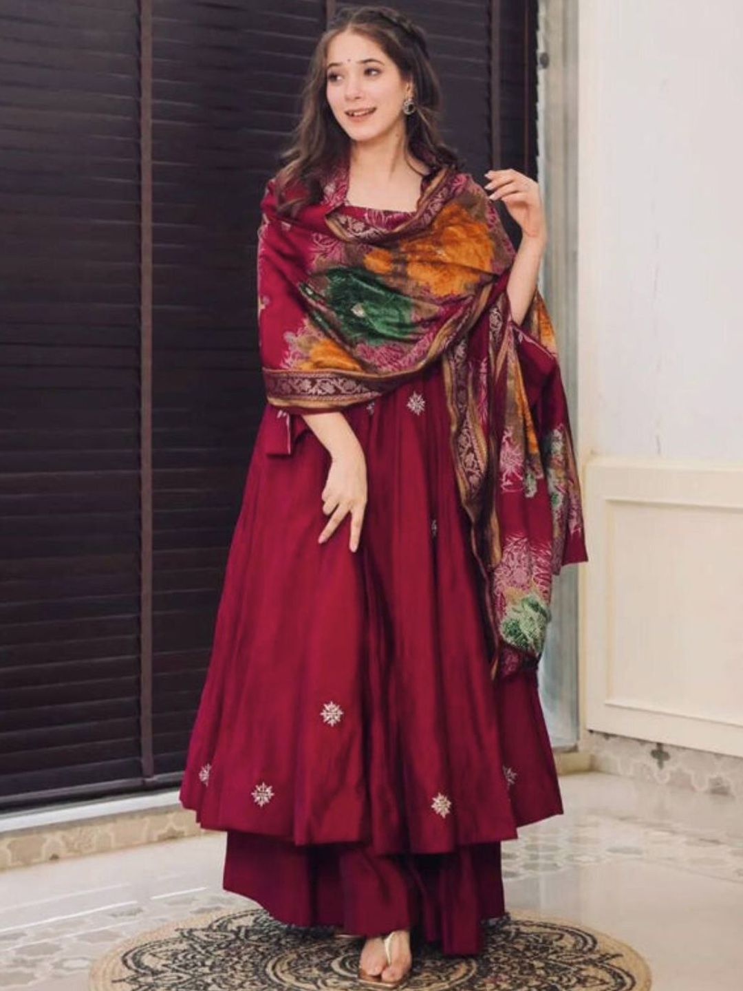 CANIZZARO Women Ethnic Motif Printed Angrakha Chanderi Cotton Kurta Set With Dupatta