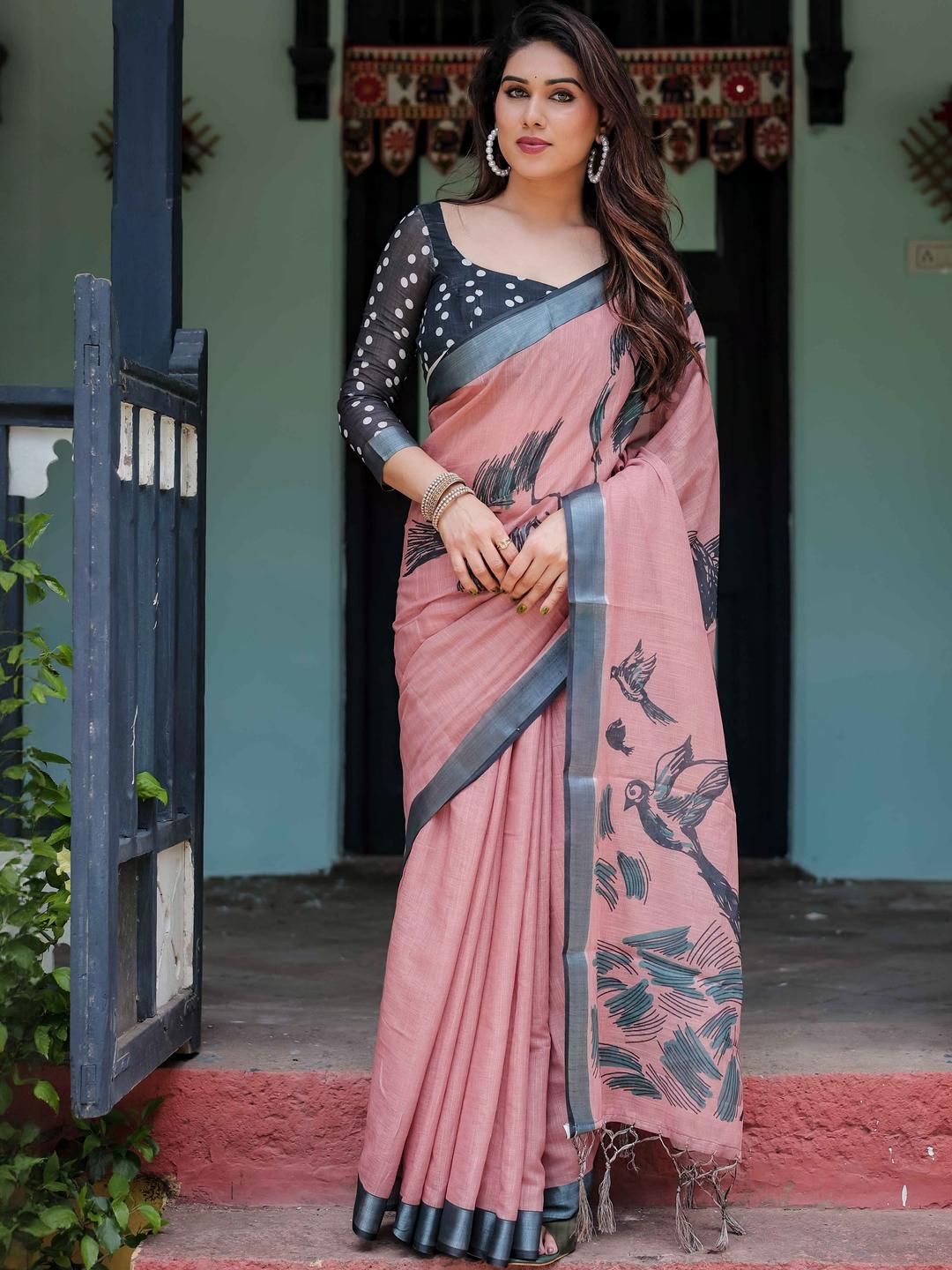 ZIRVI Pink Tussar Linen Blend Sarees-picture-17