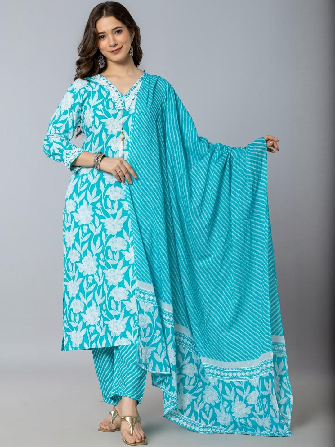 Amayra Women Turquoise Blue Pure Cotton Kurta Sets