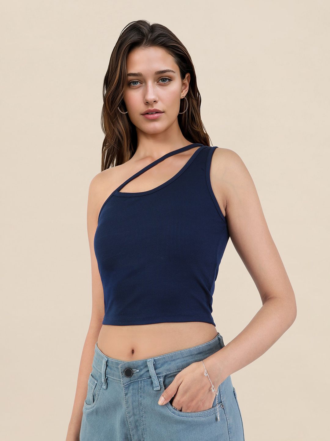 DressBerry Ribbed Cut-Out Detail One Shoulder Crop Fitted Top-picture-12
