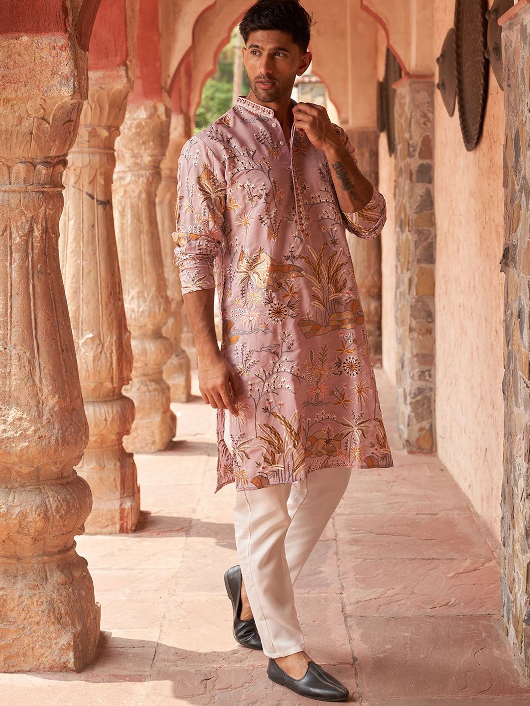 Jompers Floral Embroidered Thread Work Mandarin Collar Kurta With Pyjamas-image-22