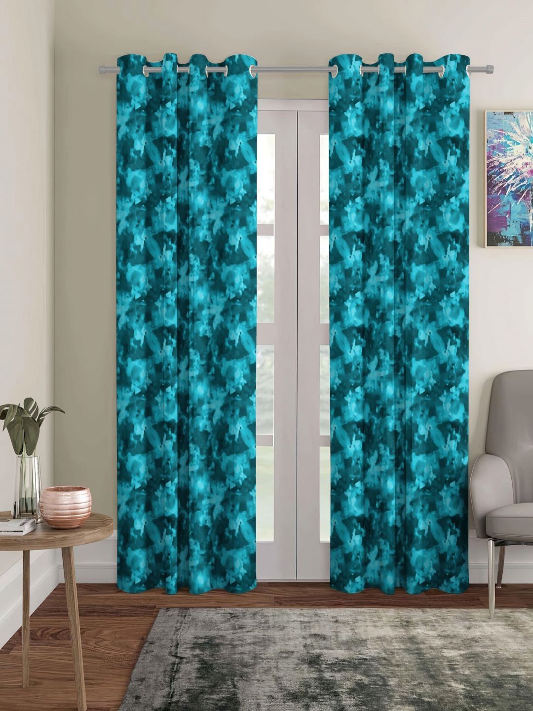 myntra elegant homes Aura Turquoise Blue 2 Pieces Floral Printed Black Out Door Curtains-picture-10