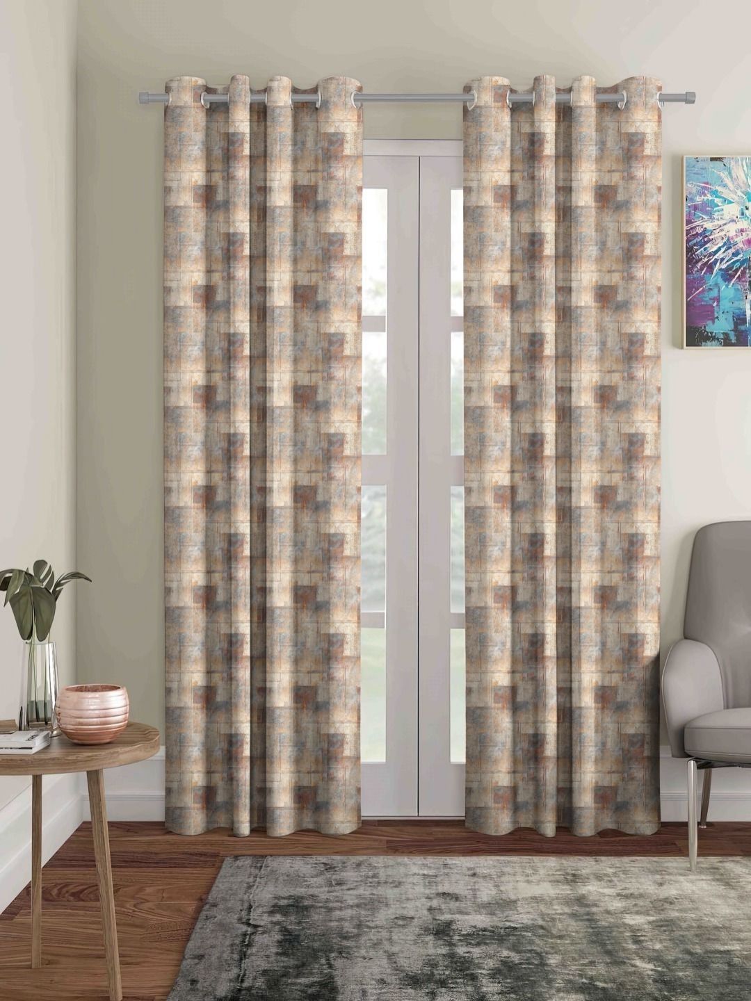 myntra elegant homes Aura Brown & Grey 2 Pieces Geometric Printed Black Out Long Door Curtains-picture-37