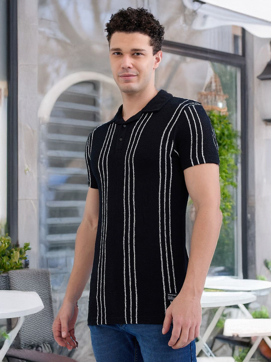 Status Quo Men Striped Henley Neck Pockets T-shirt-picture-18