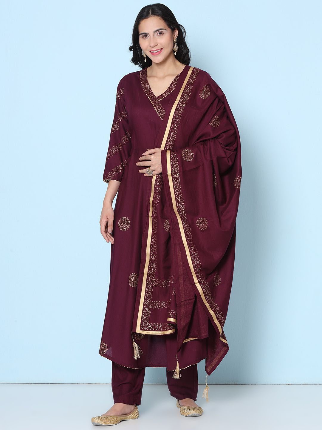 LABEL KASHI Floral Printed V-Neck Anarkali Kurta With Palazzos & Dupatta