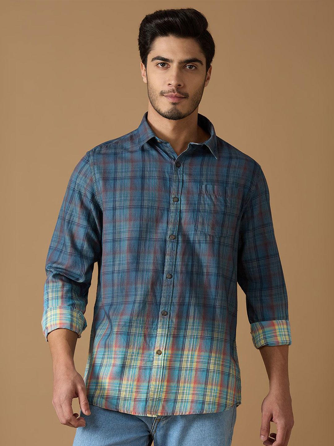 SNX Tartan Checked Spread Collar Tailored Fit Casual Shirt-picture-40