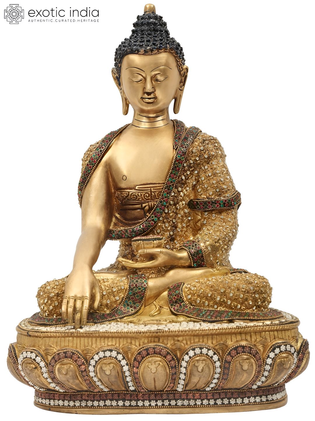 Exotic India Gold-Toned & Green Lord Buddha in Bhumisparsha Mudra Idol Showpiece-picture-16