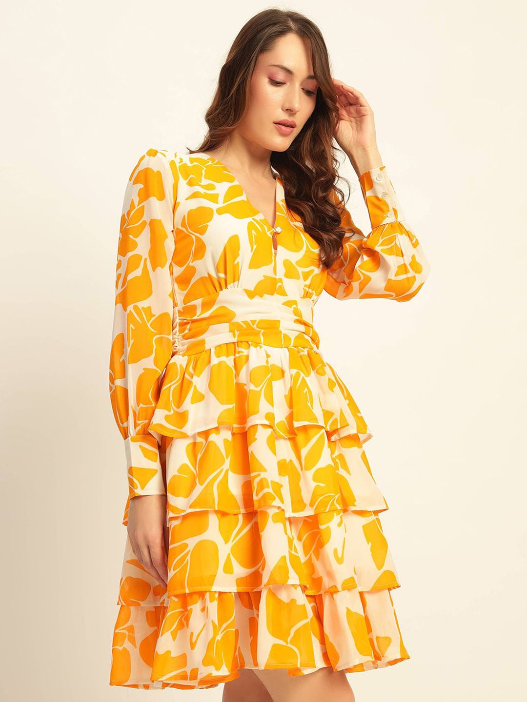 Deewa Women Floral Print Cuffed Sleeves Layered Georgette A-Line Mini Dress-picture-36