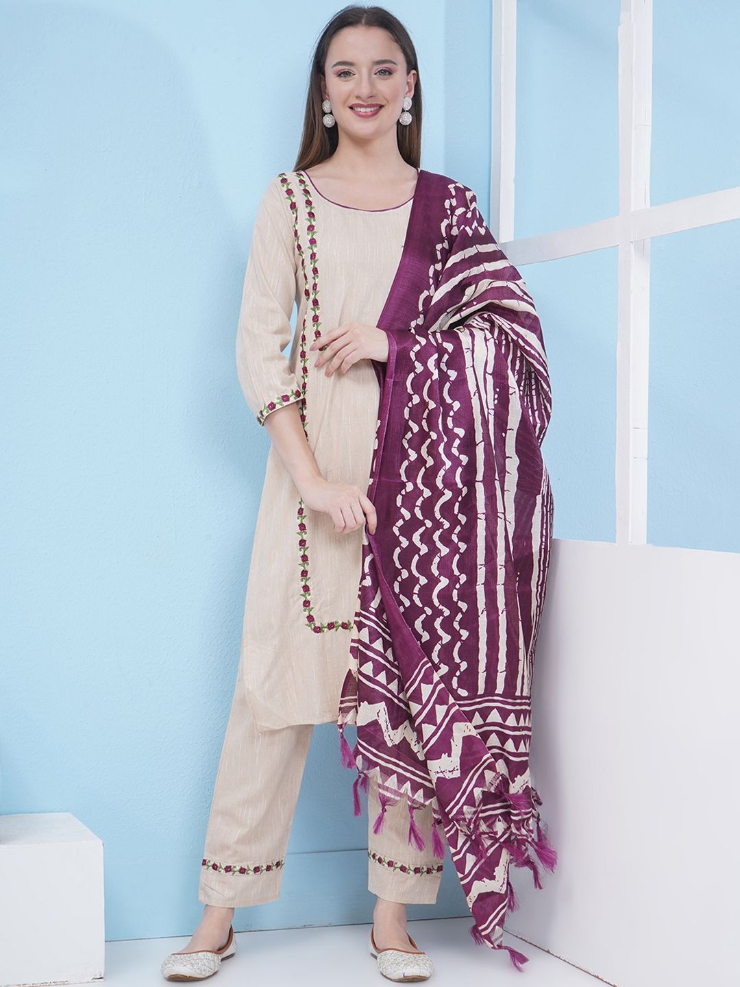 LABEL KASHI Women Ethnic Motifs Embroidered Cotton Kurta with Trousers & Dupatta