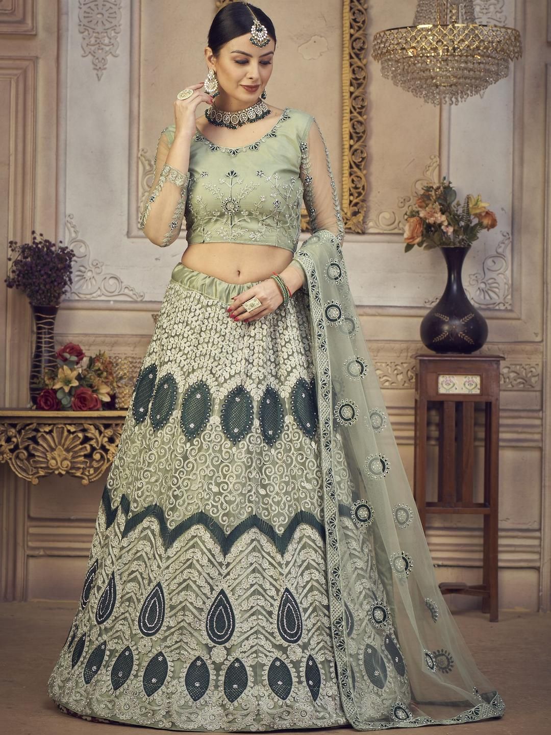 KALINI Embroidered Thread Work Semi-Stitched Lehenga & Unstitched Blouse With Dupatta-picture-31
