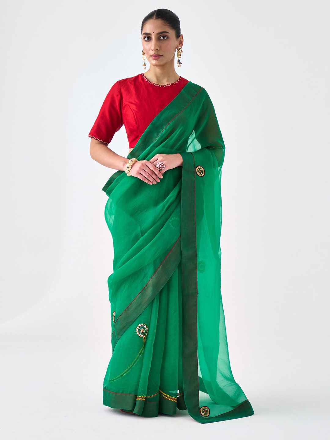 JANKI INDIA Solid Embroidered Organza Saree-picture-39
