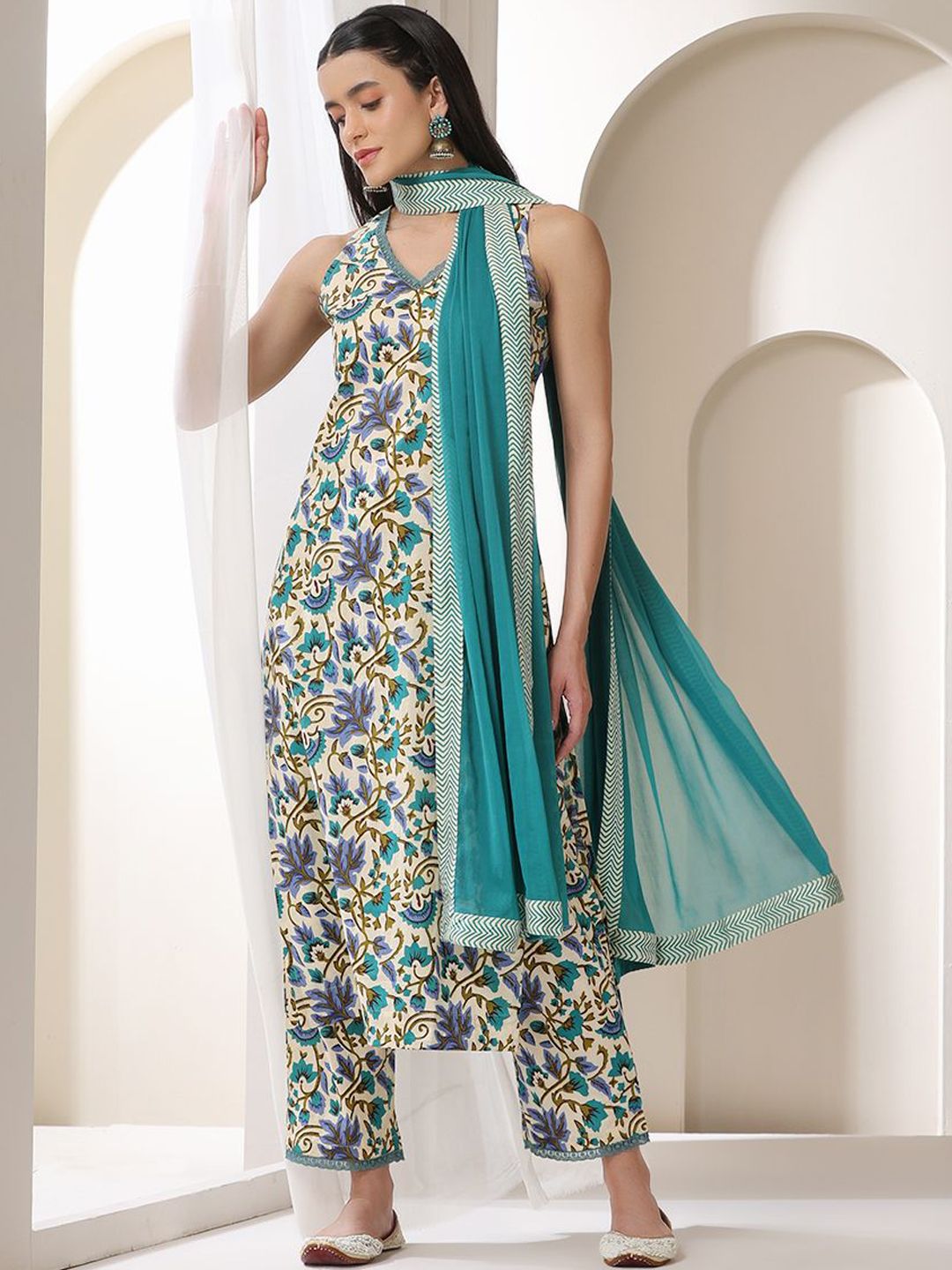 Khushal K Women Floral Printed Cotton Kurta with Trousers & Dupatta