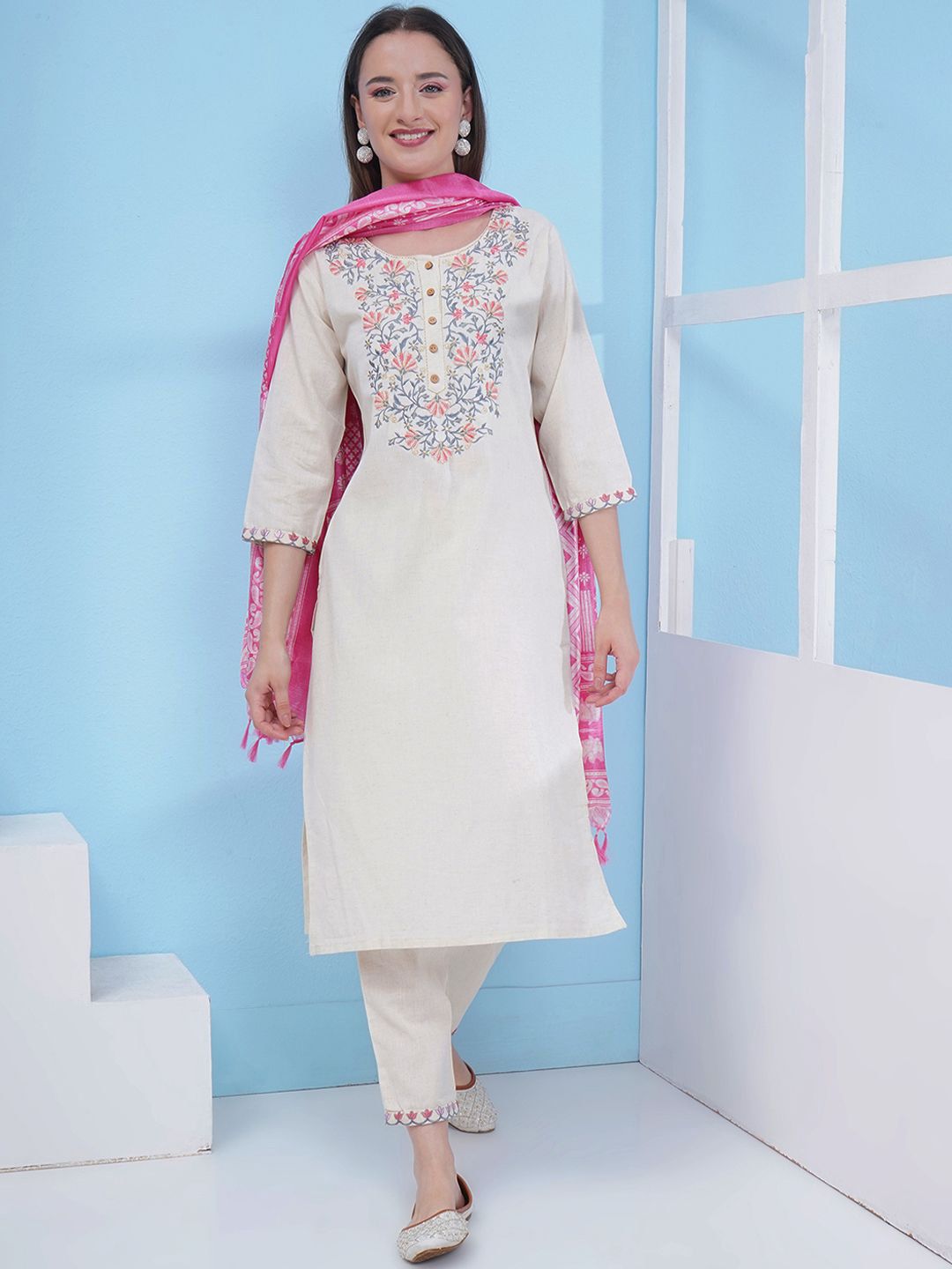 LABEL KASHI Women Floral Printed Cotton Kurta with Trousers & Dupatta