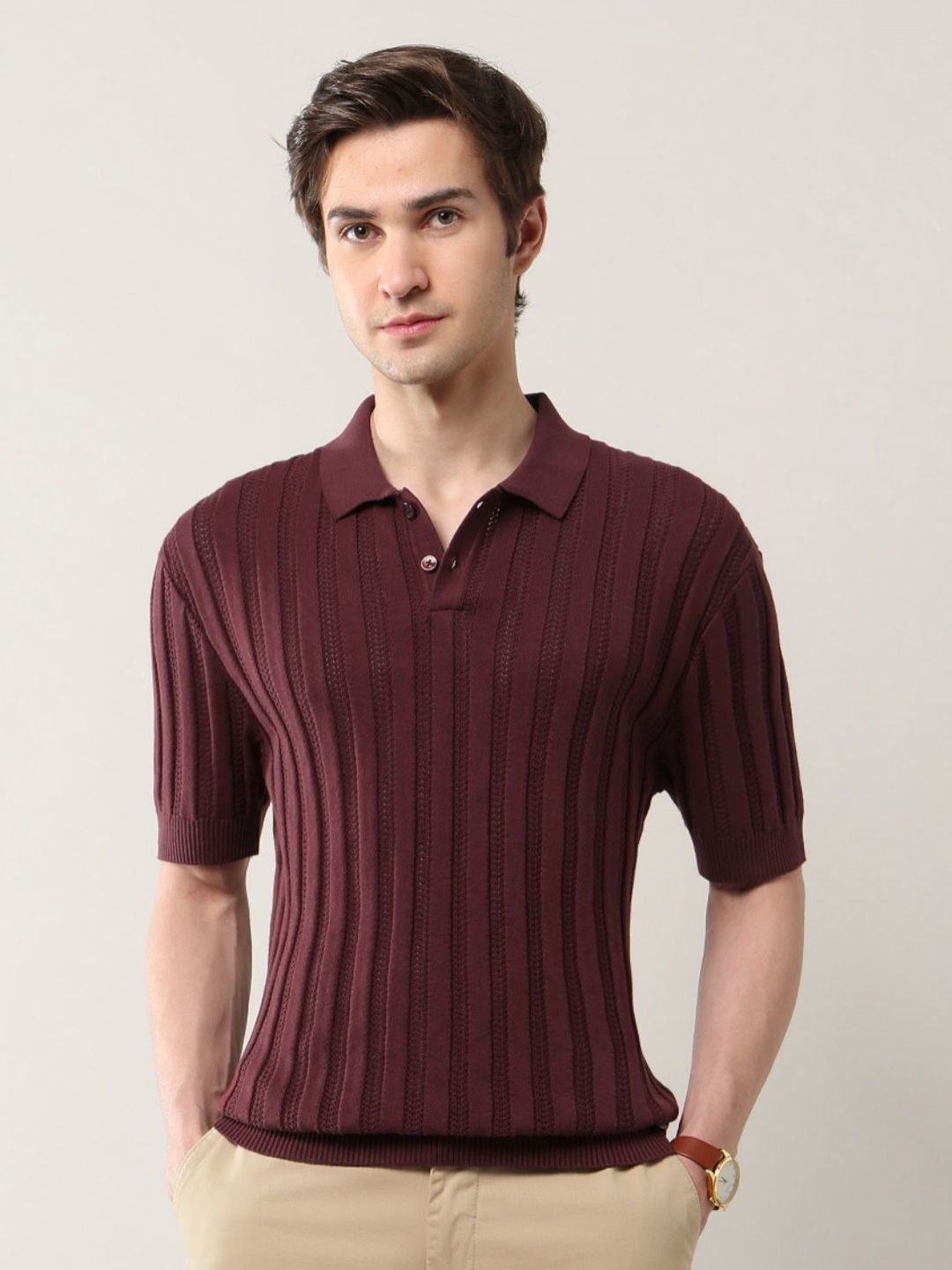 Arrow Self Design Polo Collar Relaxed Fit Cotton T-shirt-picture-29