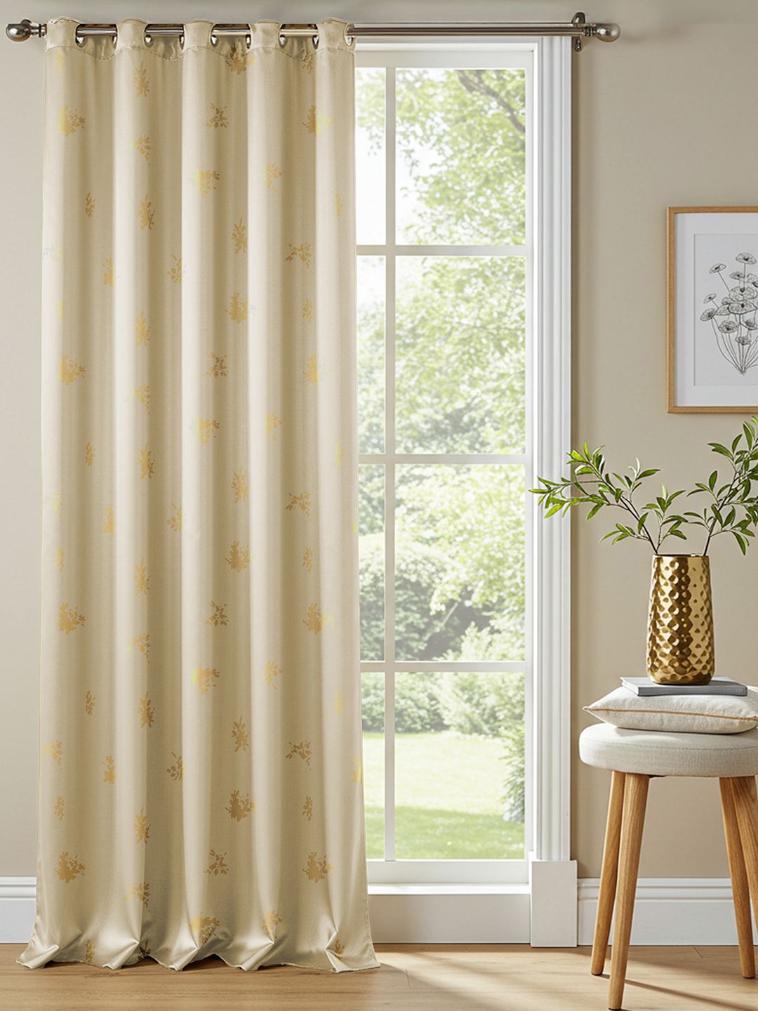 URBAN SPACE Beige & Yellow Printed Cotton Black Out Window Curtain-image-20