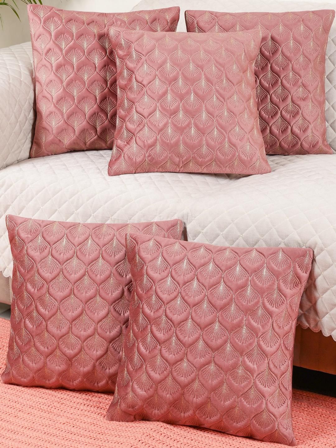 MONKDECOR Set Of 5 Pink Velvet Square Cushion Covers-picture-45