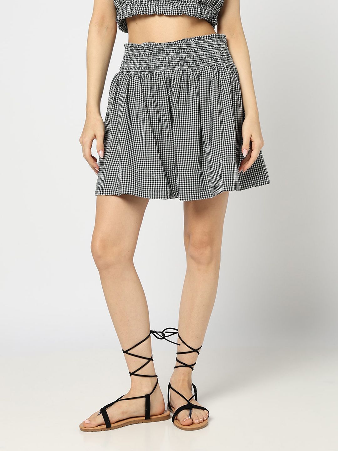 GAP Women Checked Gathered & Smocked Detailed Pure Cotton Flared Skirt-picture-38