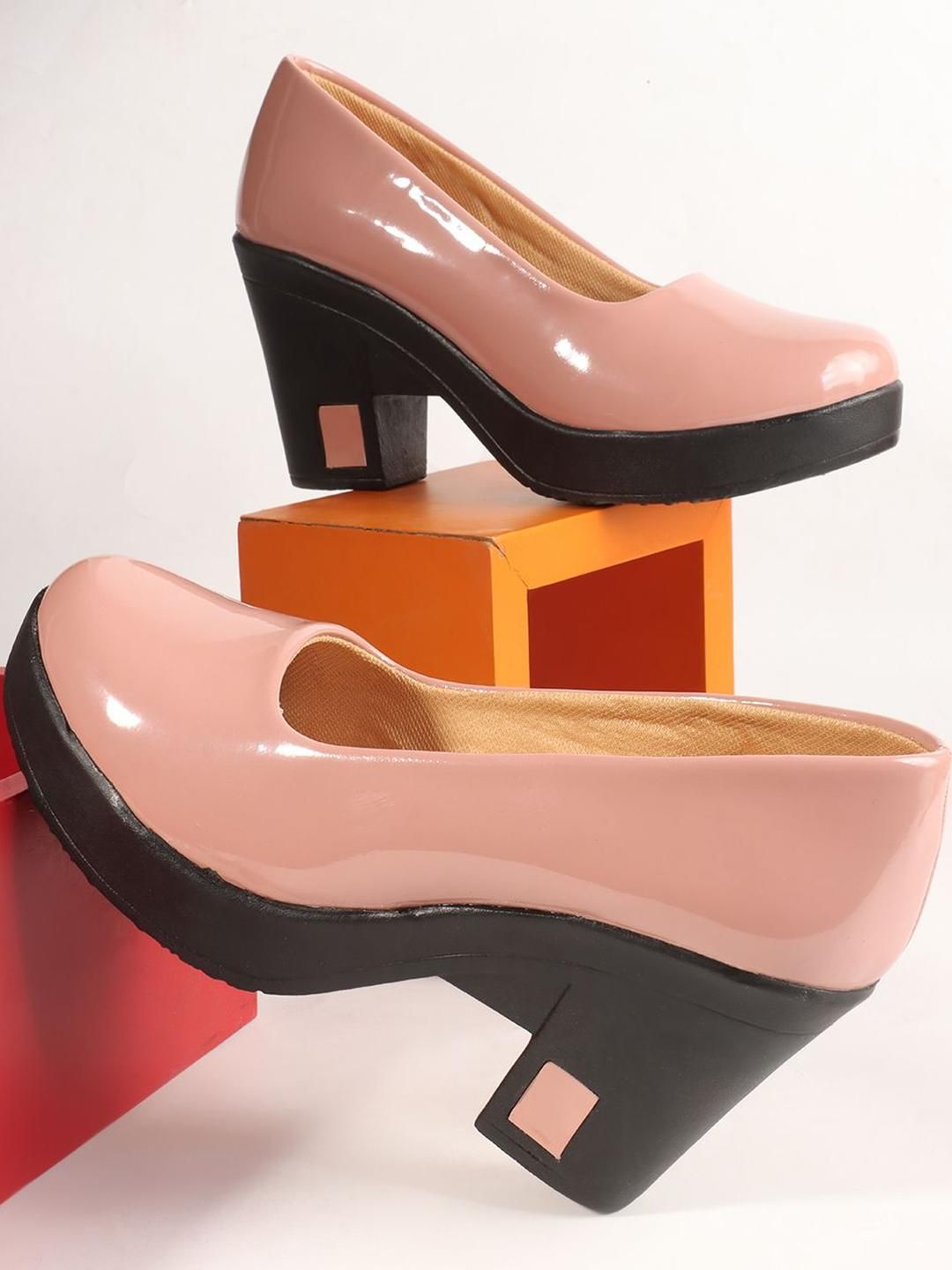 SELFIEE Solid Glossy Finish Block Heel Pumps-picture-41