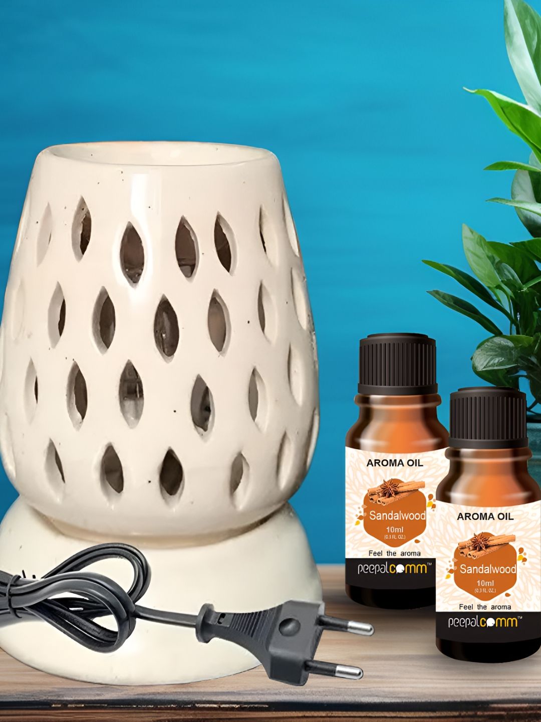 PEEPALCOMM 3-Pcs White & Brown Ceramic Electric Diffuser With Sandalwood Aroma Oil 10 ml-image-1