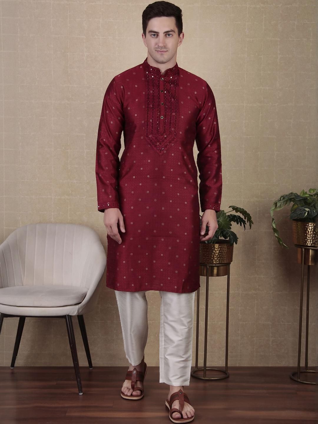 PulseIQ Men Maroon Art Silk Kurta Sets-picture-36