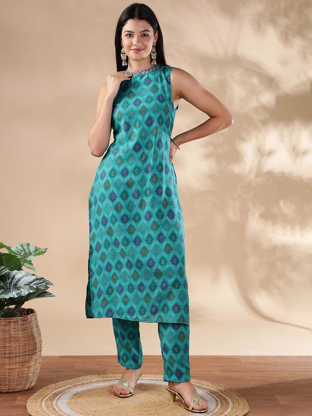 Anouk Ethnic Motifs Printed Band Collar Pure Cotton Kurta With Trouser
