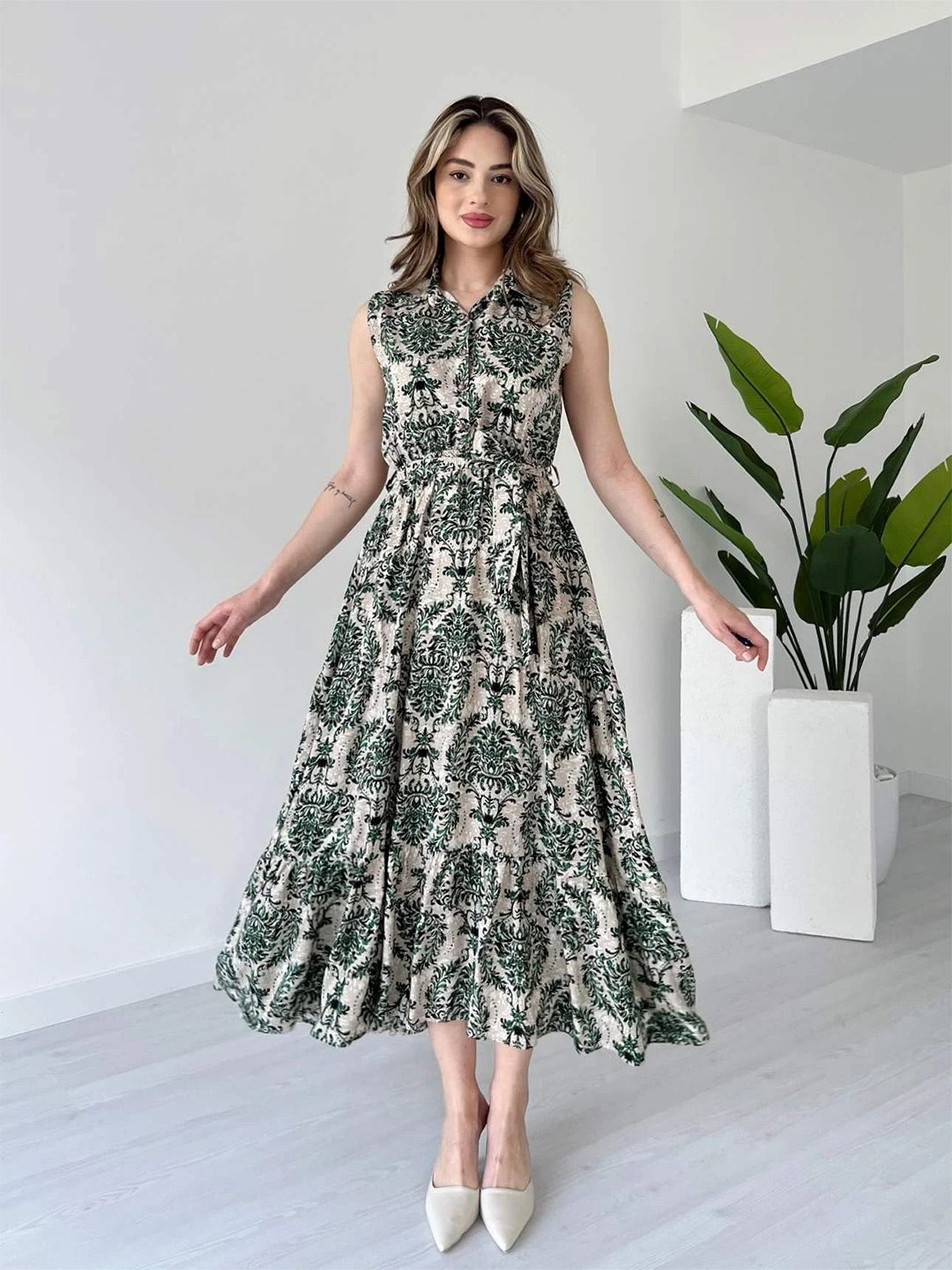 R RANAK CREATION Abstract Print Shirt Collar Fit & Flare Cotton Midi Dress-picture-36