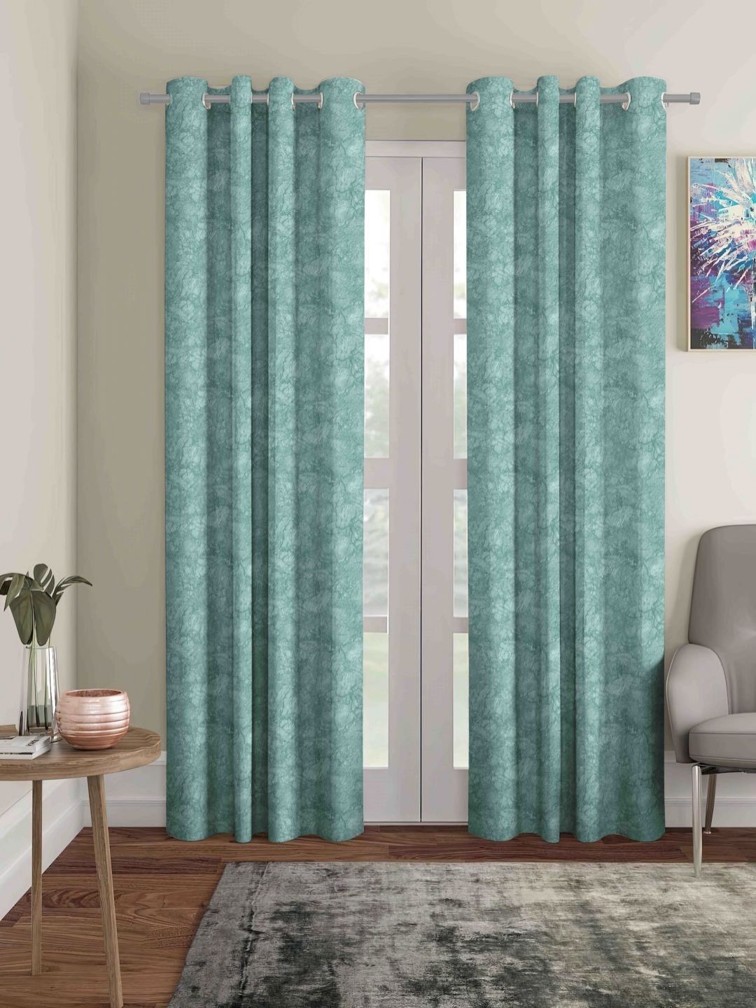 myntra elegant homes Aura Green 2 Pieces Abstract Printed Black Out Long Door Curtain-picture-22