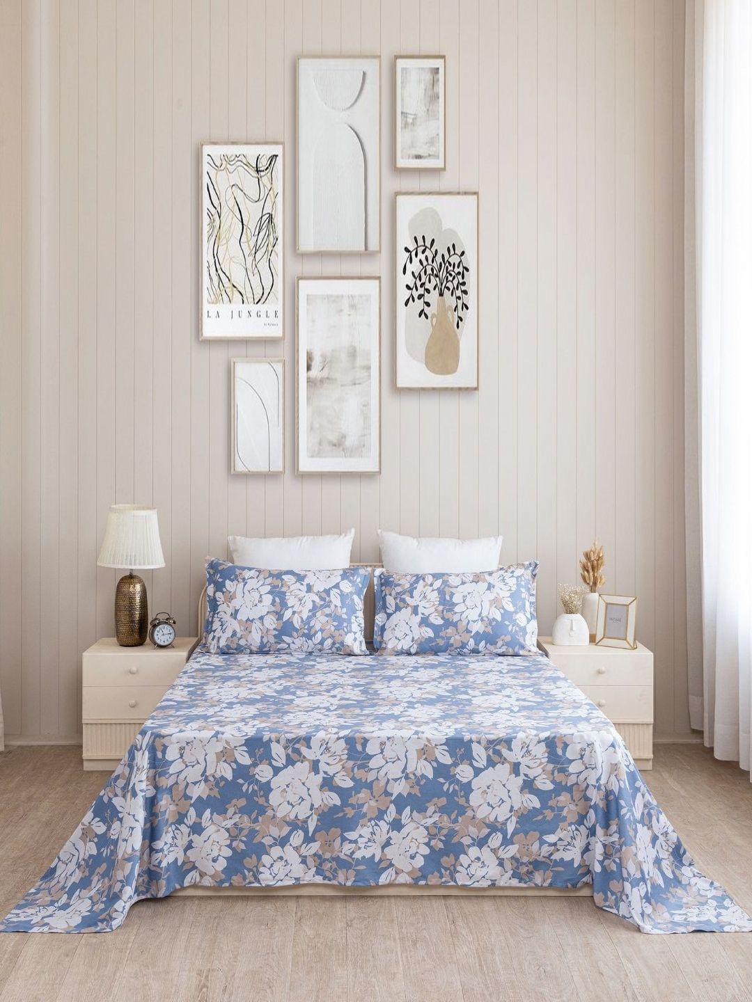 HOMEMONDE Blue & White Floral 210 TC Bedsheet with 2 Pillow Covers-picture-30