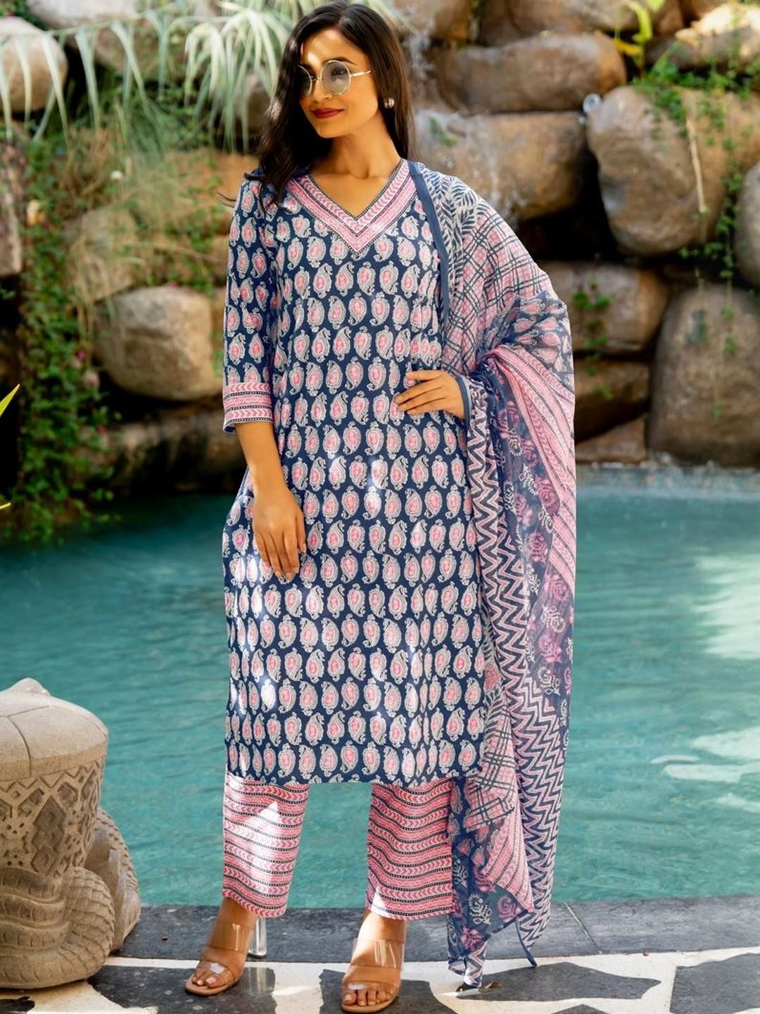 KALINI Women Navy Blue Pure Cotton Kurta Sets