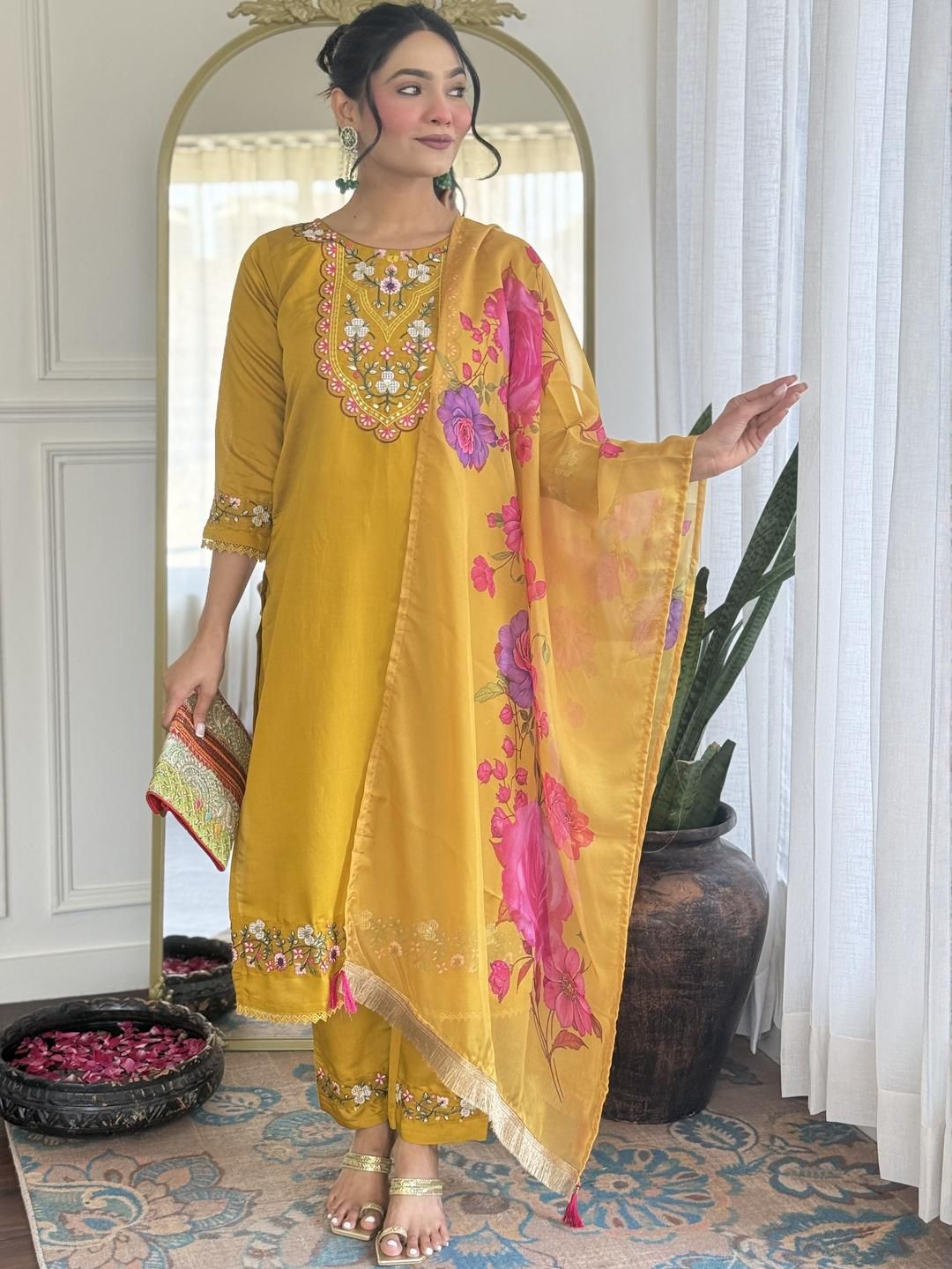 KALINI Women Yellow Chanderi Silk Kurta Sets