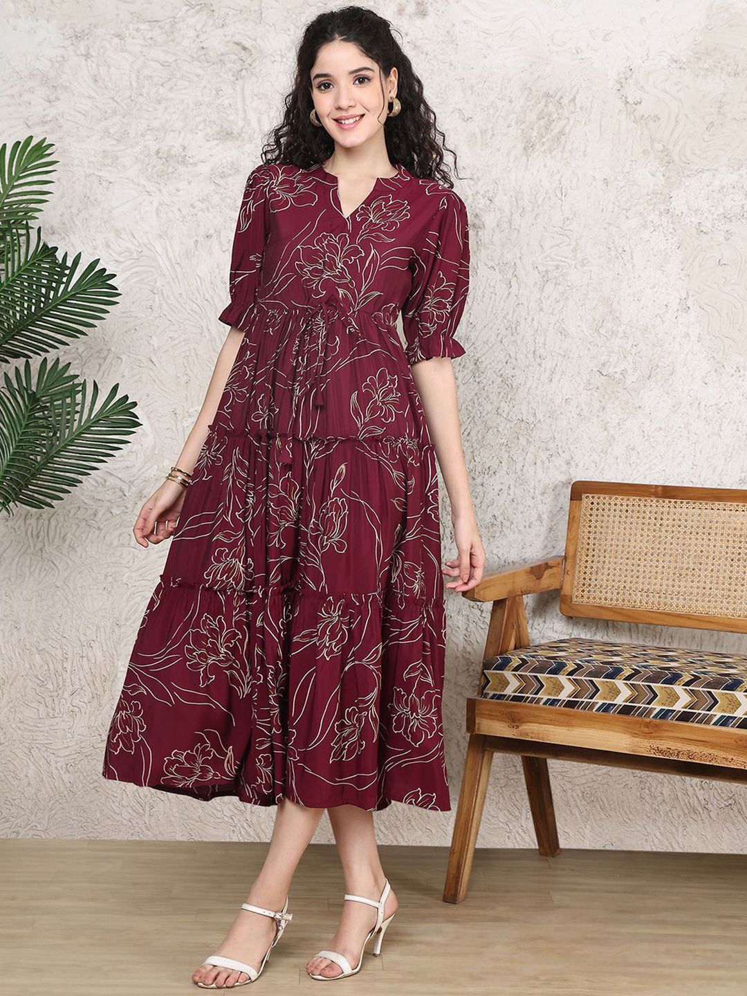 Claura Floral Printed Fit and Flare Midi Dress