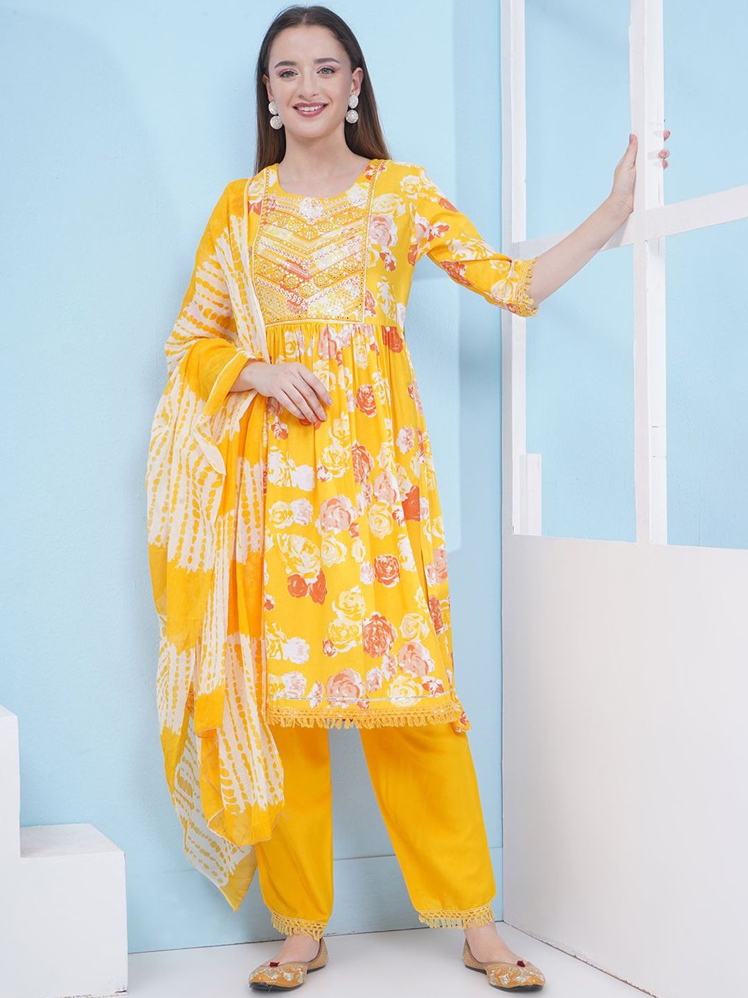 LABEL KASHI Women Floral Printed Cotton Kurta with Trousers & Dupatta