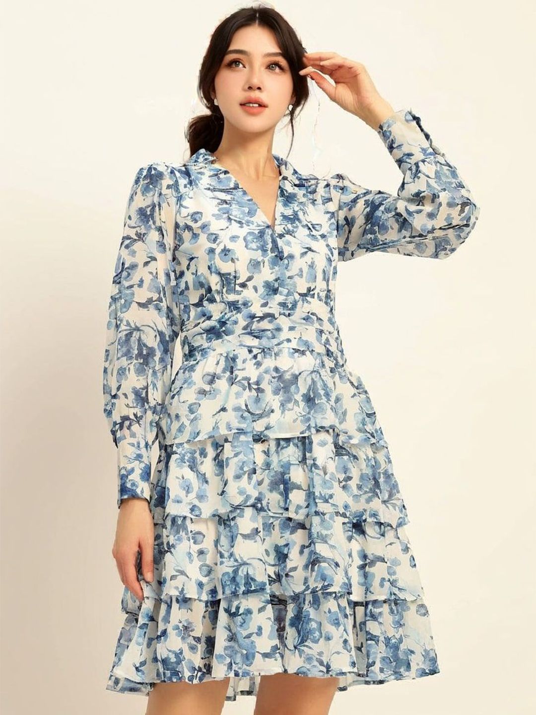 Deewa Women Floral Print Puff Sleeve Layered Georgette A-Line Mini Dress-picture-13