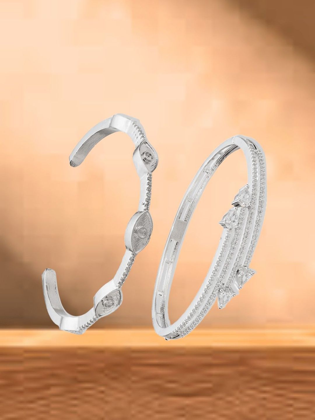 ATIBELLE Women 2 Brass Cubic Zirconia Silver-Plated Cuff Bracelet