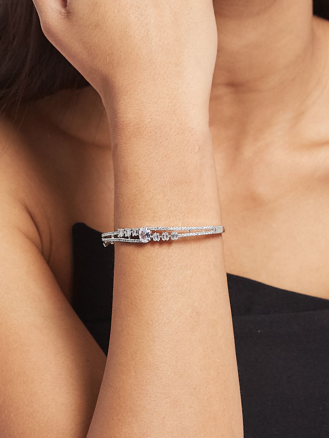 ATIBELLE Women 2 Brass Cubic Zirconia Silver-Plated Bangle-Style Bracelet